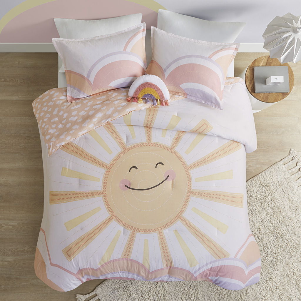Dawn - Twin Sunshine Printed Reversible Comforter Set - Yellow / Coral
