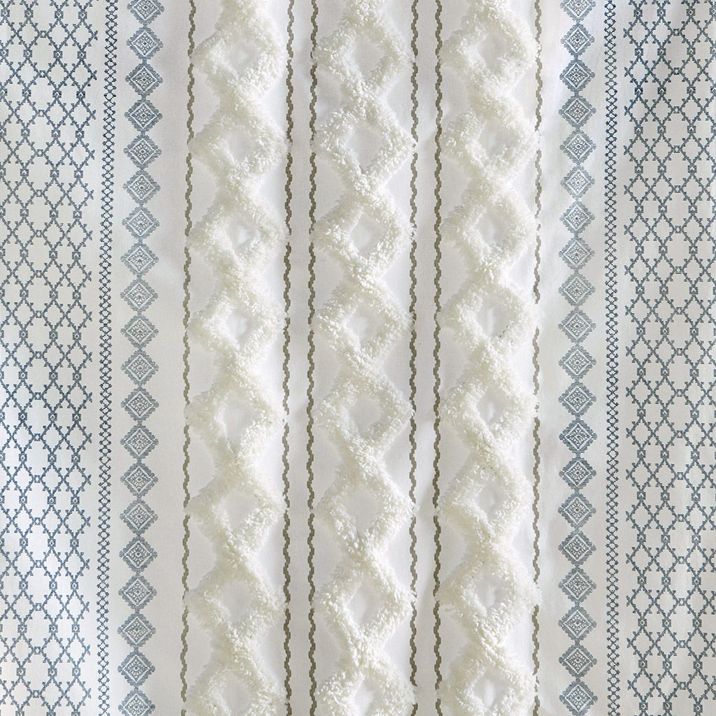 Imani - Cotton Printed Curtain Panel With Chenille Stripe and Lining - White / Navy