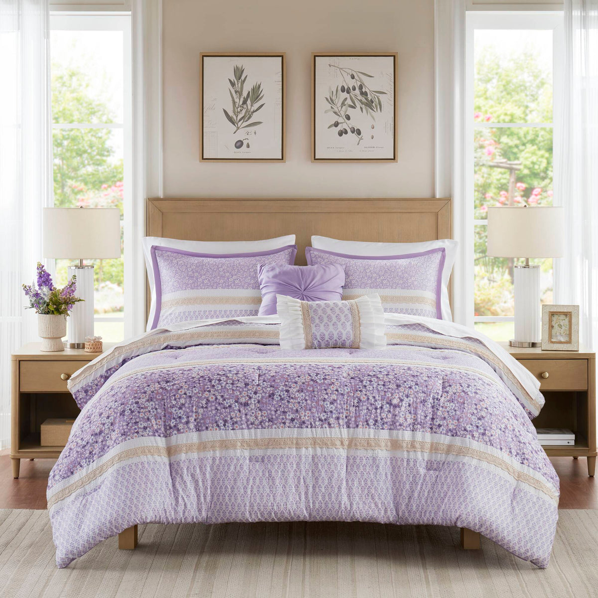 Caralie - 5 Piece Seersucker Comforter Set With Throw Pillows - Purple