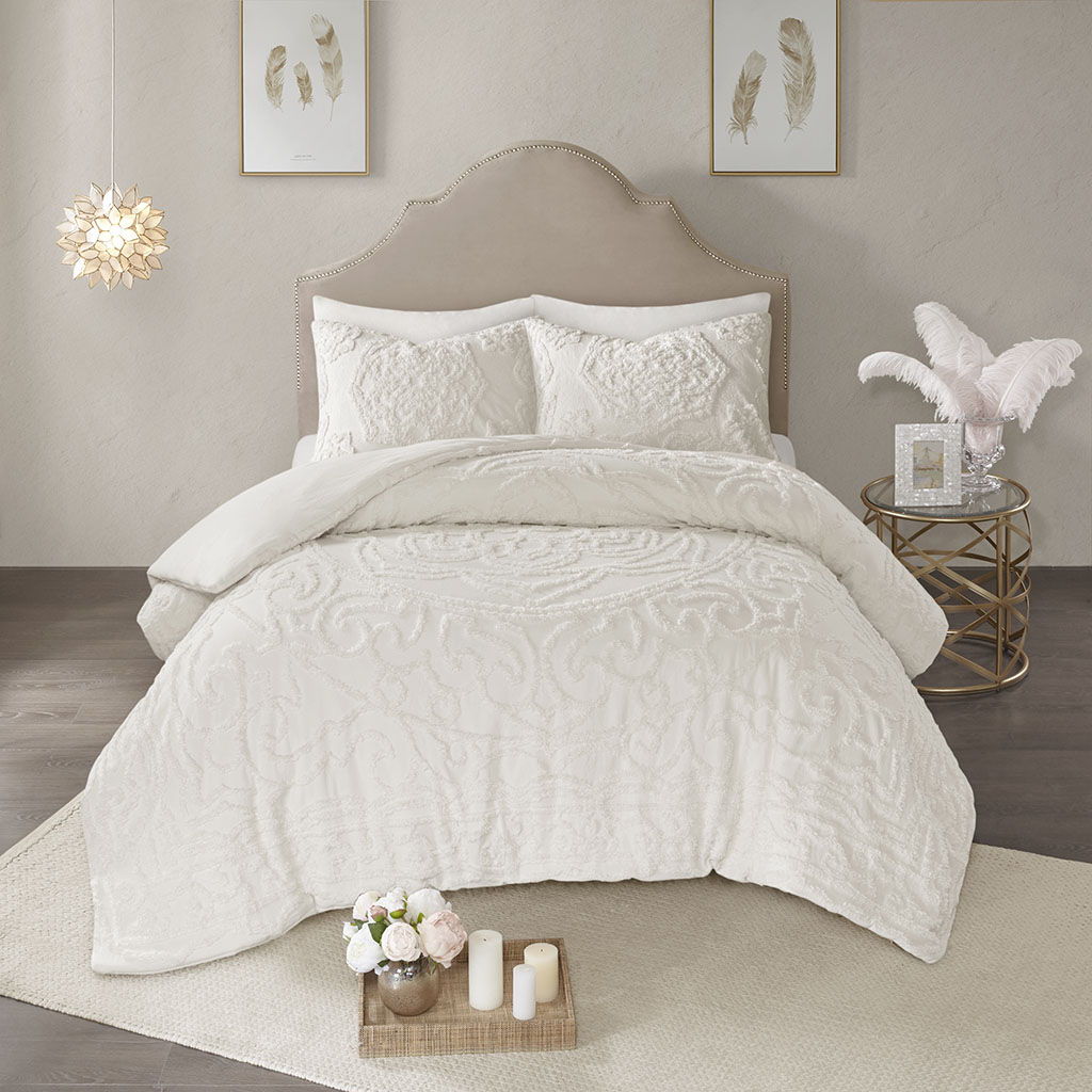 Laetitia - King 3 Piece Tufted Medallion Duvet Cover Set - Off White