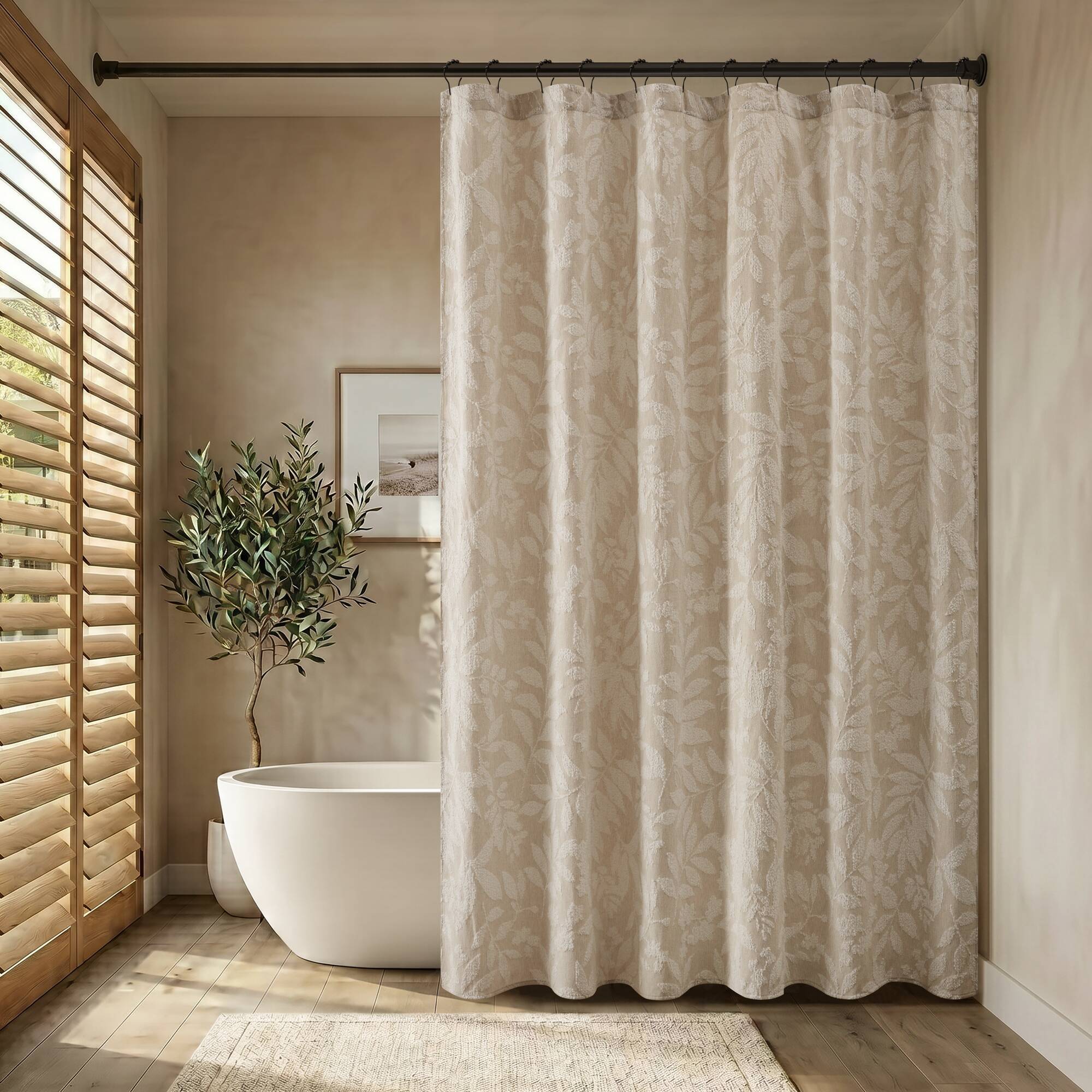 Solace Leaf - Cotton Blend Botanical Jacquard Shower Curtain - Beige