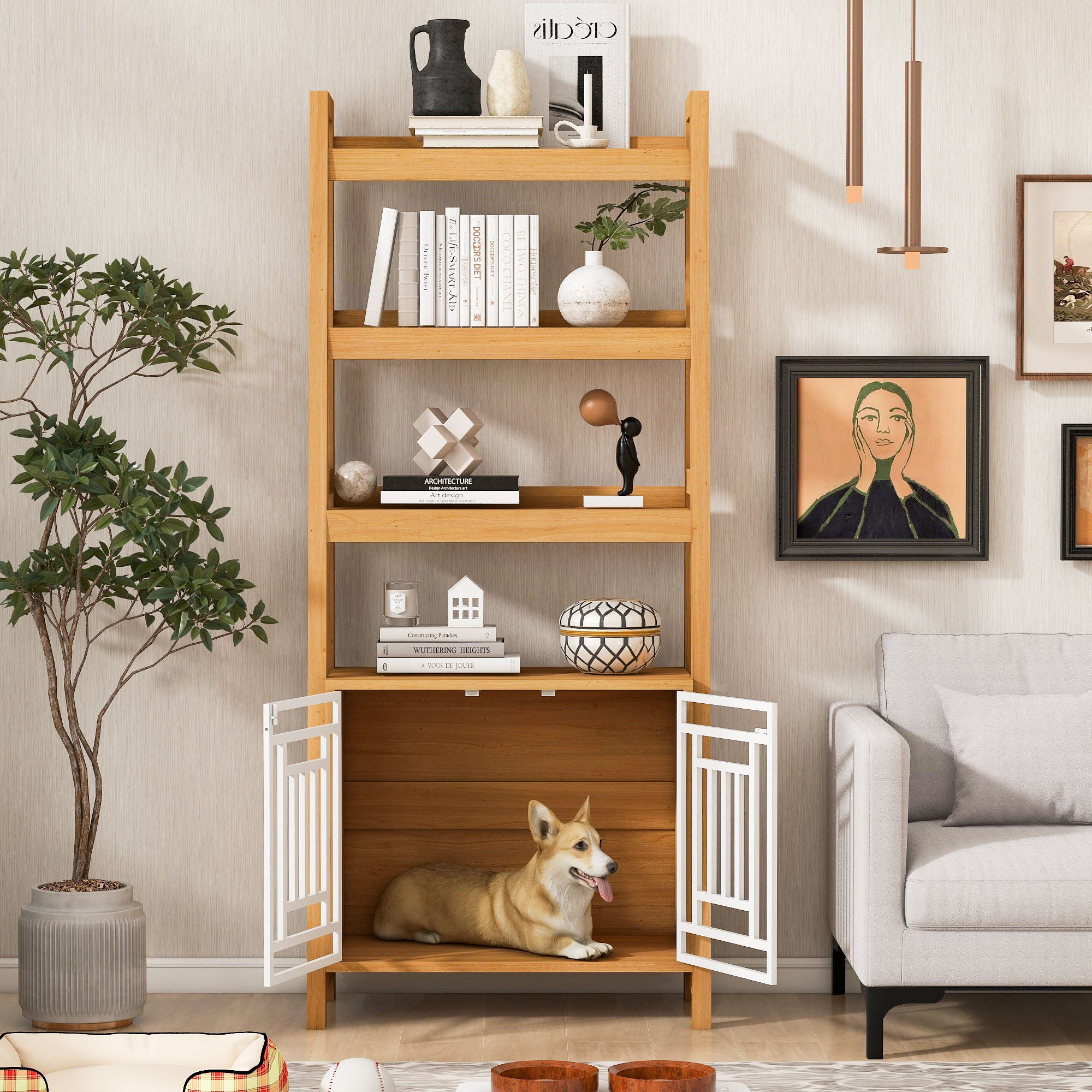 Modern Furniture Style 2 In 1 Pet Friendly Dog Crate Ladder Bookcase - Ancient Oak