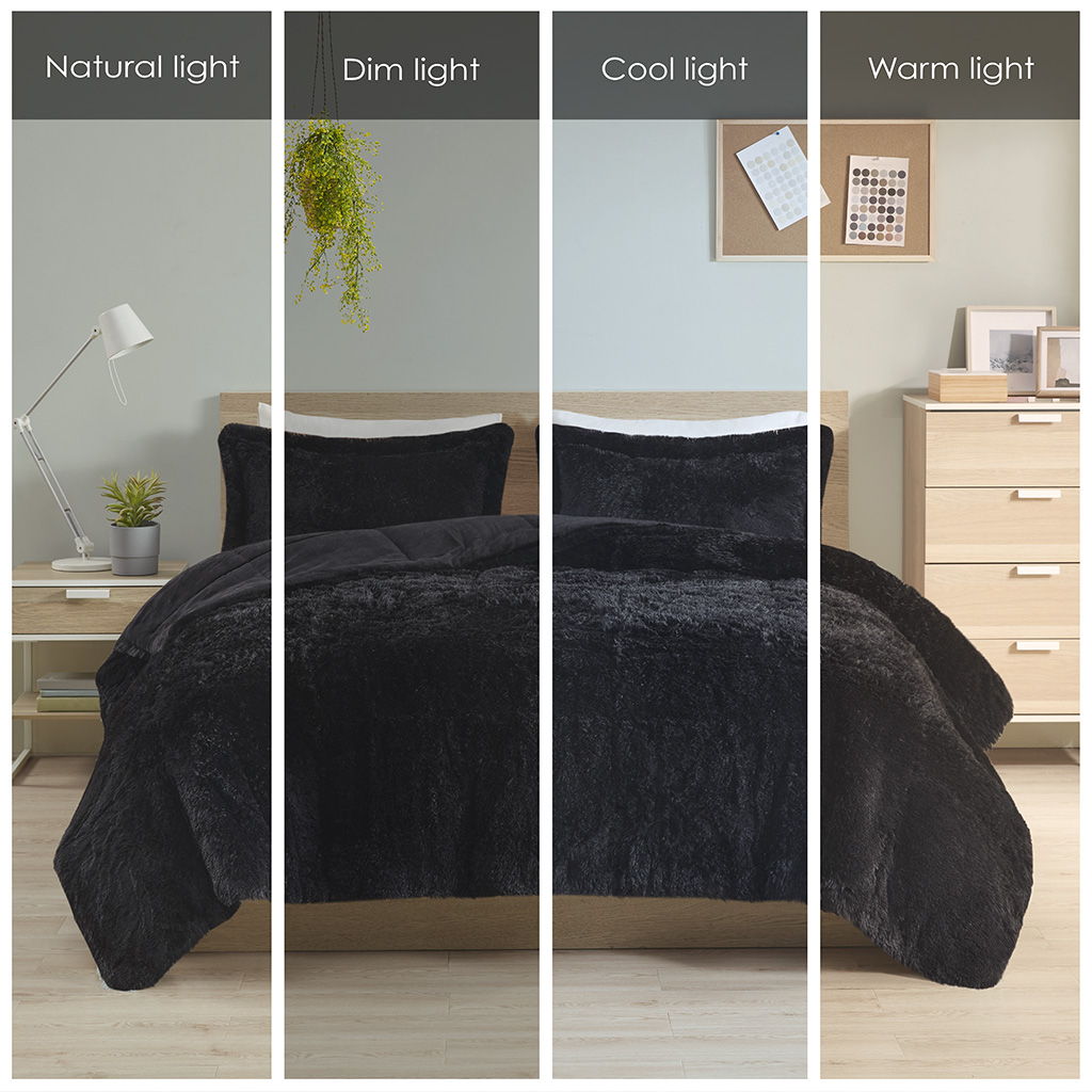 Malea - King Shaggy Long Comforter Mini Set - Black