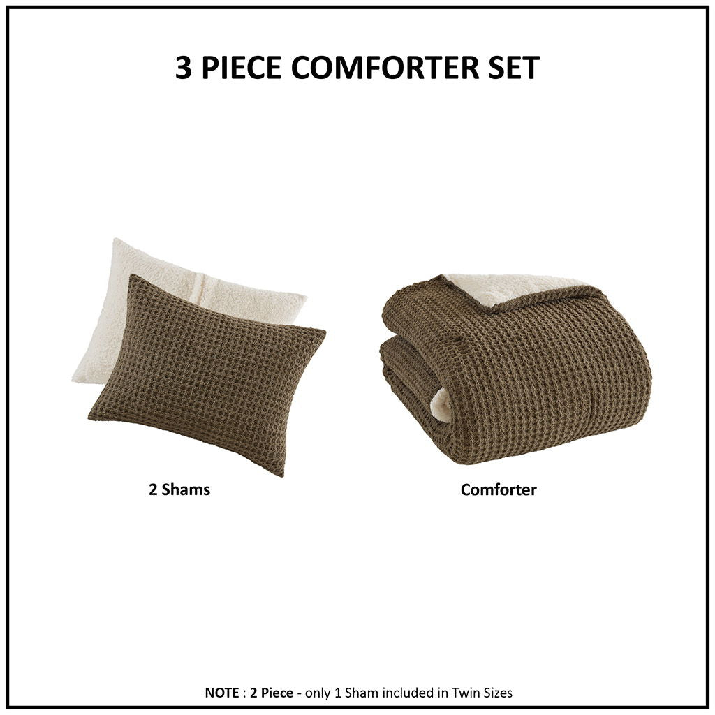 Riordan - 3 Piece King Waffle Knit Comforter Set - Brown