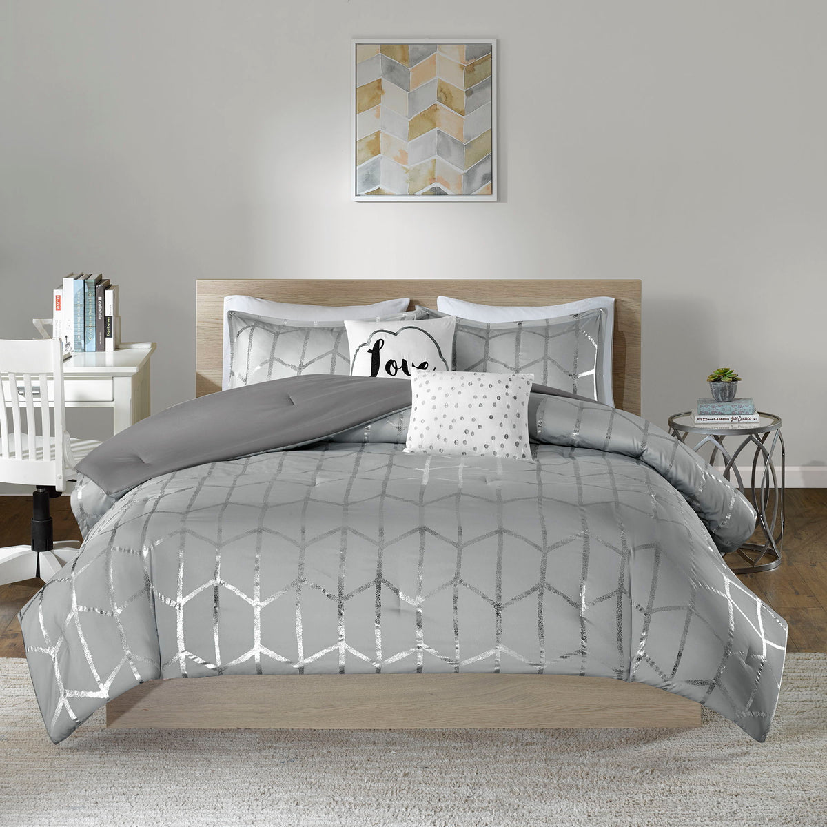 Raina - Polyester Brushed Microfiber Printed Comforter Set - Gray / Silver
