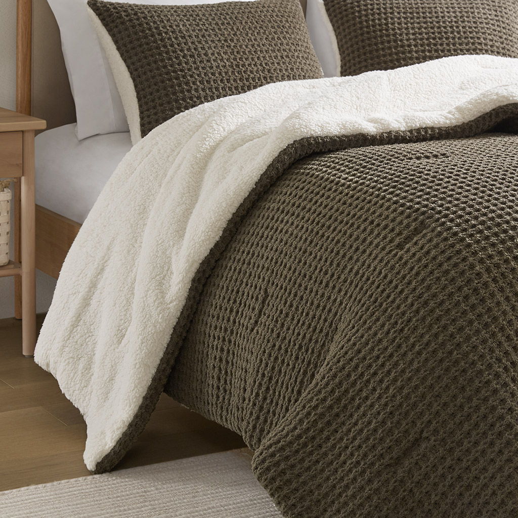 Riordan - 2 Piece Twin Waffle Knit Comforter Set - Brown