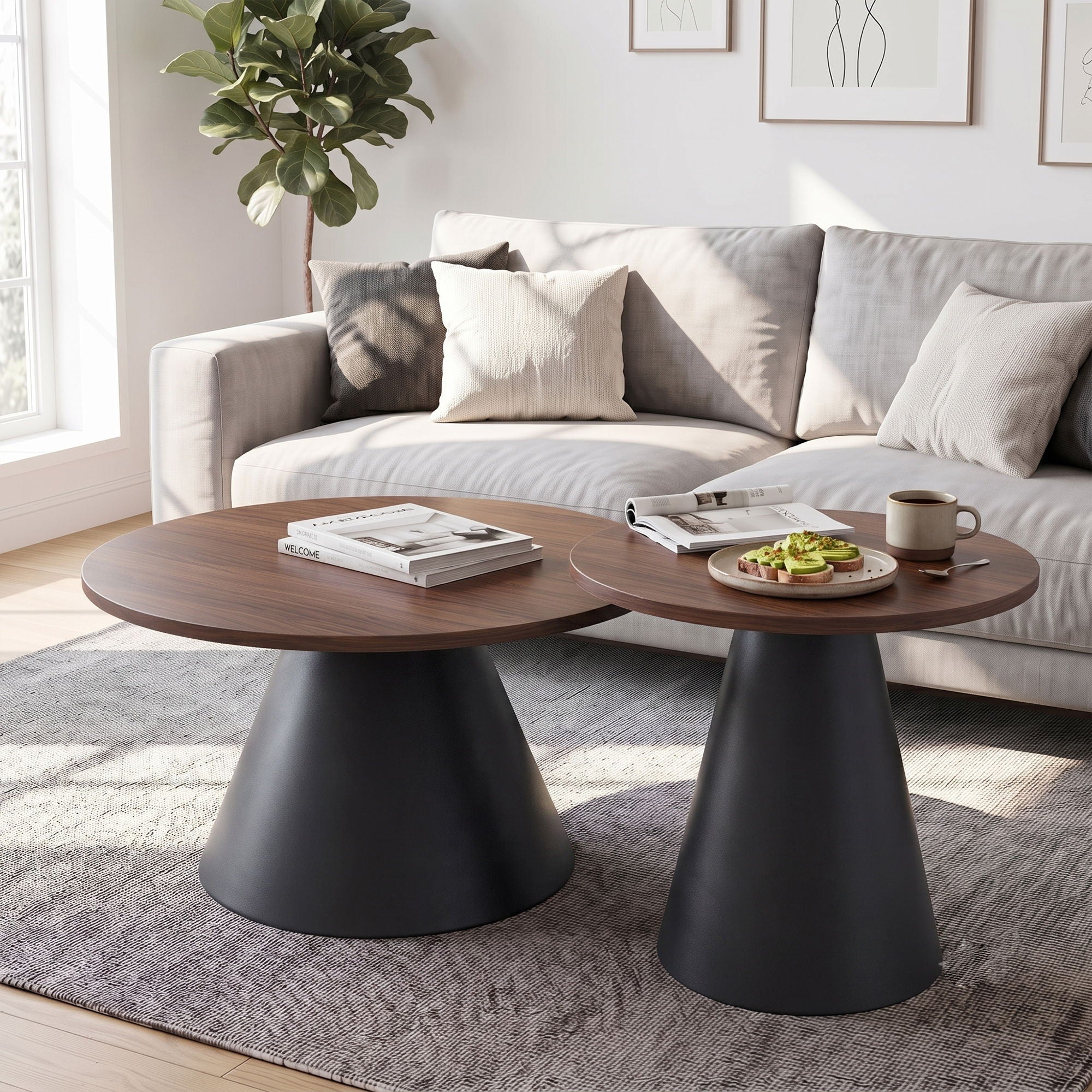 Nesting Coffee Table, Adjustable Foot Pads For Living Room (Set of 2) - Walnut / Black