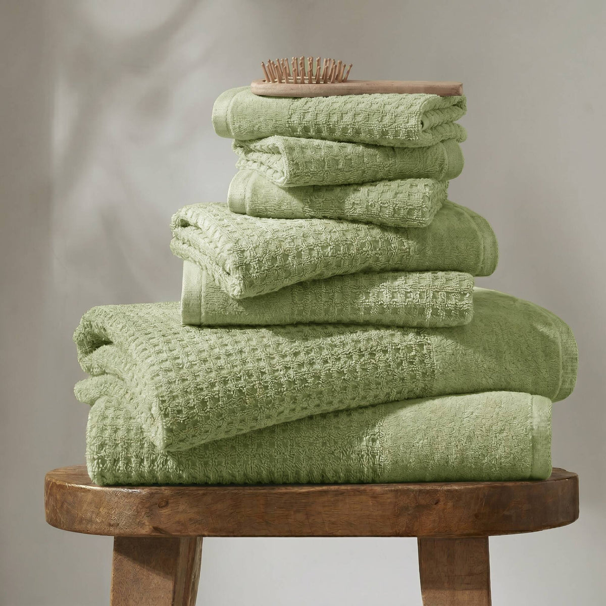 Spa Waffle - Cotton Jacquard Bath Towel (Set of 6) - Sage Green