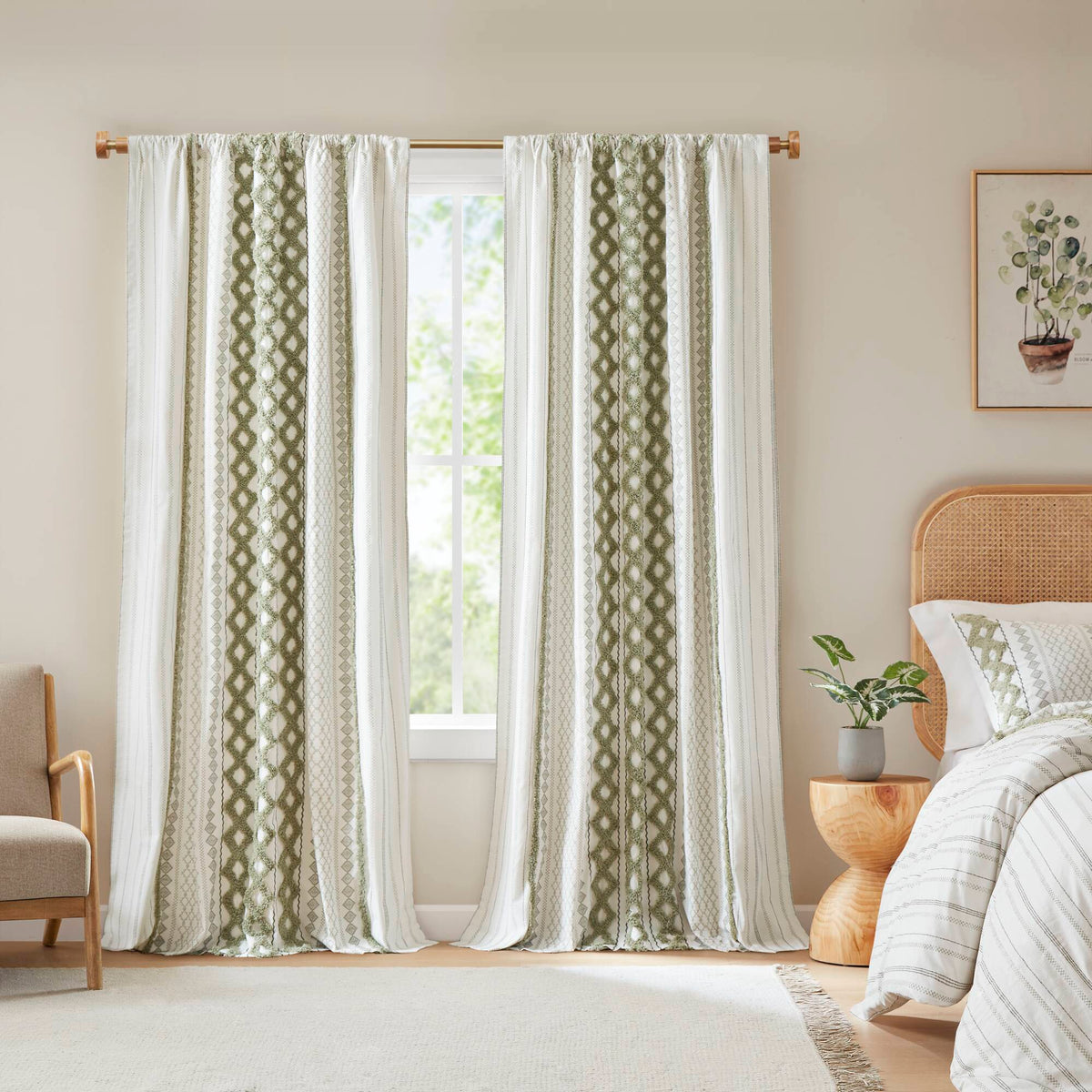 Imani - 50x95" Printed Curtain Panel With Stripe And Lining - Green