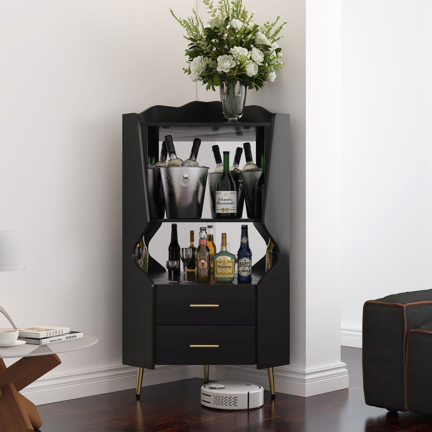 Corner Bar Cabinet With Mirrored Back, 2 Open Shelves & 2 Drawers, High Legs For Easy Cleaning