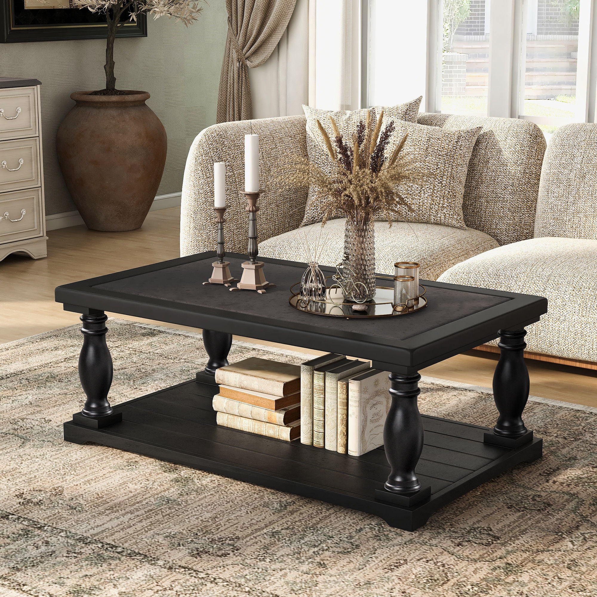 Farmhouse Rectangular Coffee Table With 2 Tiers