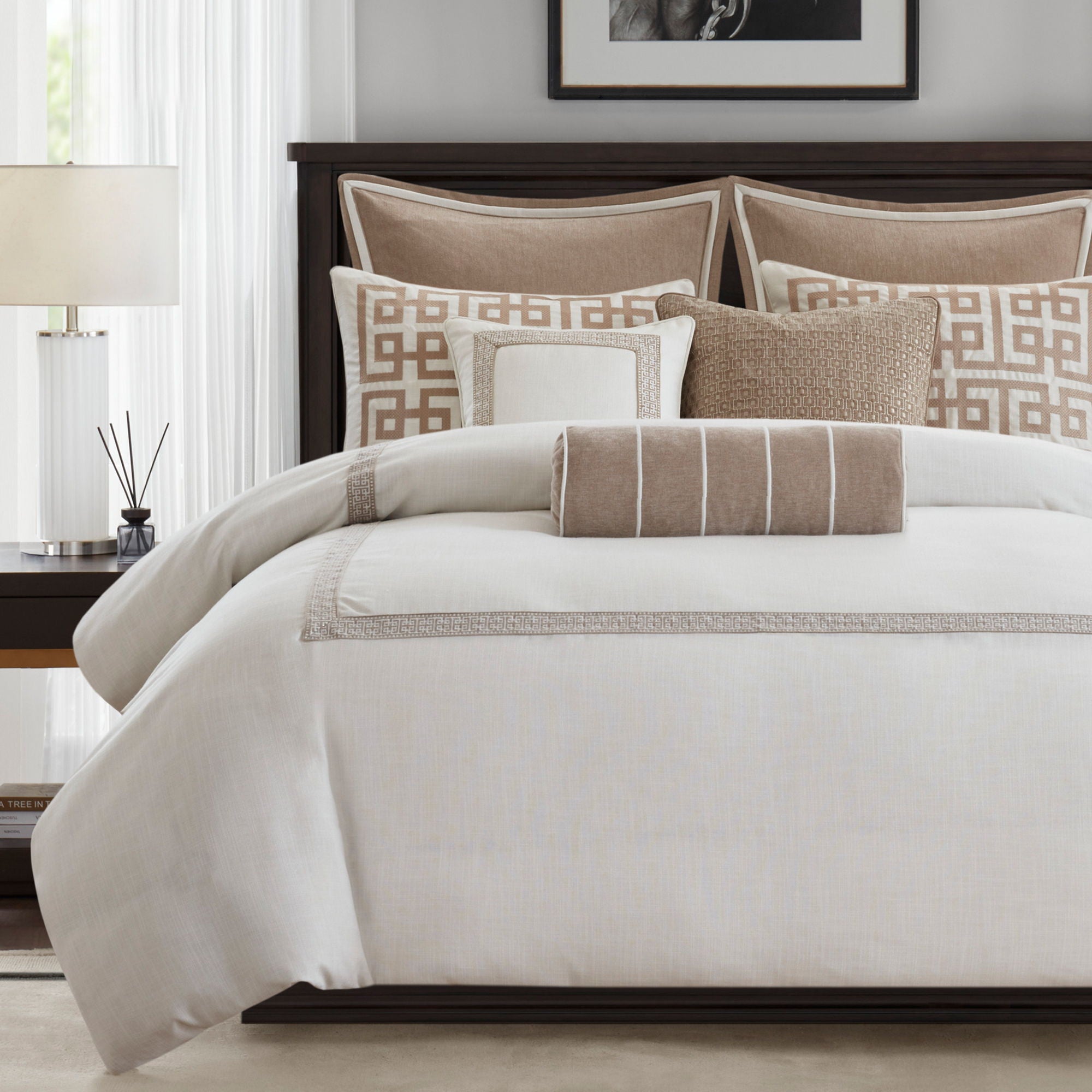 Jarvis - Queen Embroidery Oversized Duvet Style Comforter Set - Tan/Ivory