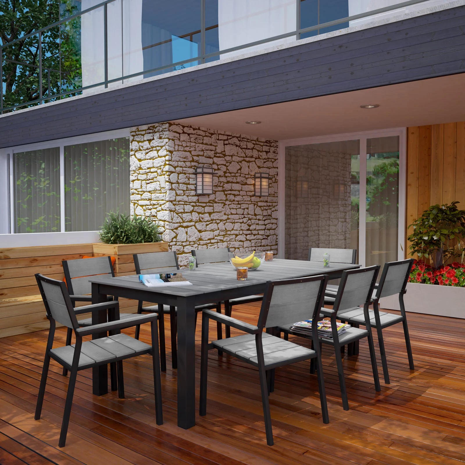 Maine 9 Piece Outdoor Patio Dining Set in Brown Gray