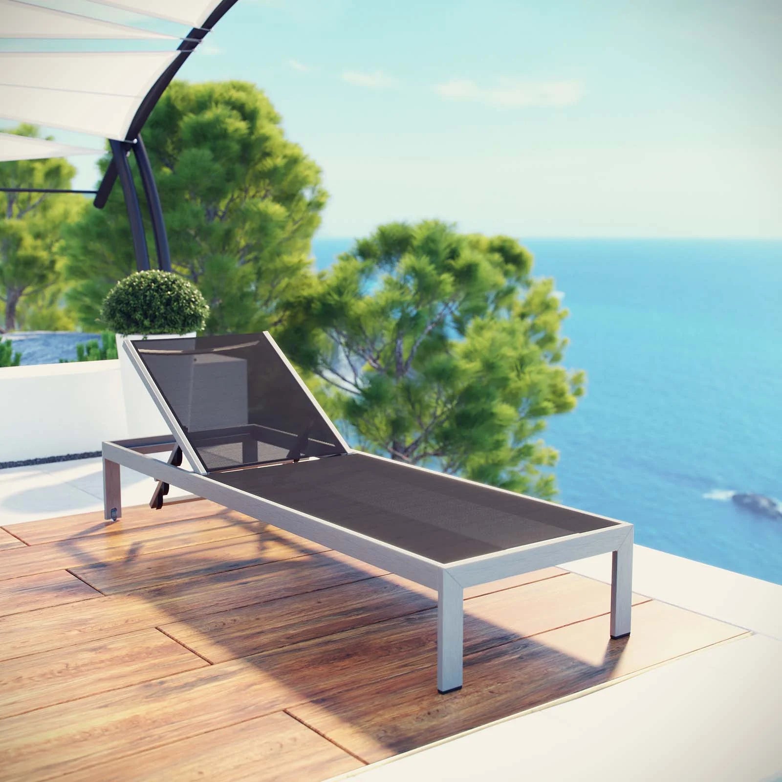 Shore Outdoor Patio Aluminum Mesh Chaise in Silver Black
