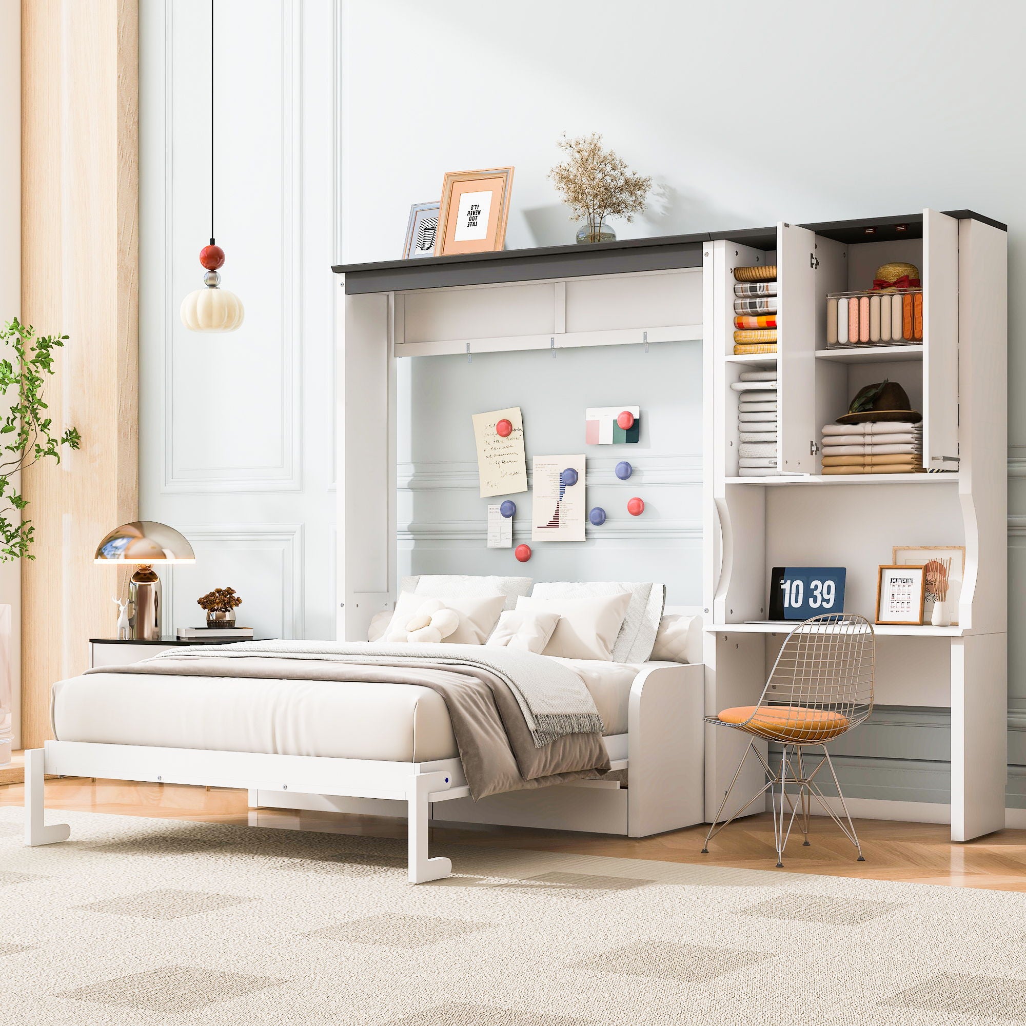 Multi Functional Murphy Bed With Sofa, Desk, And Storage Cabinet In, Full Size - White