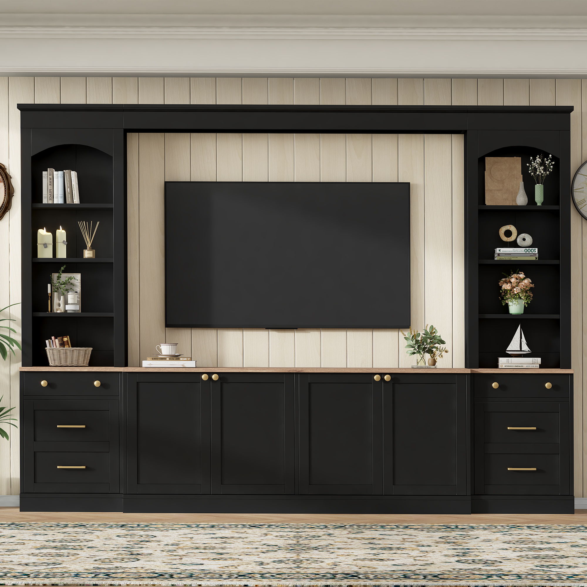 Arched Entertainment Center Wall Unit With Bookshelf, Retro Large TV Stand