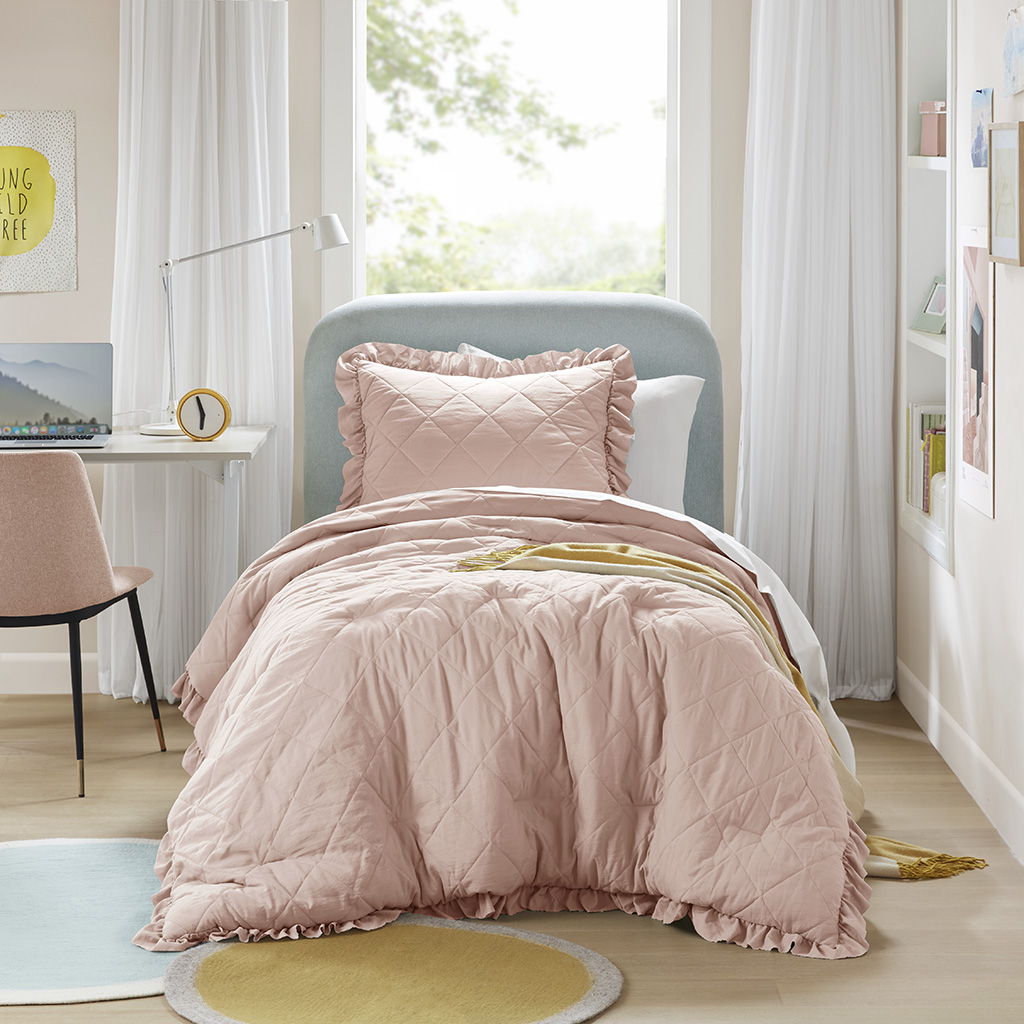 Phoebe - Twin/Twin Long Diamond Quilted Ruffle Edge Comforter Set - Blush
