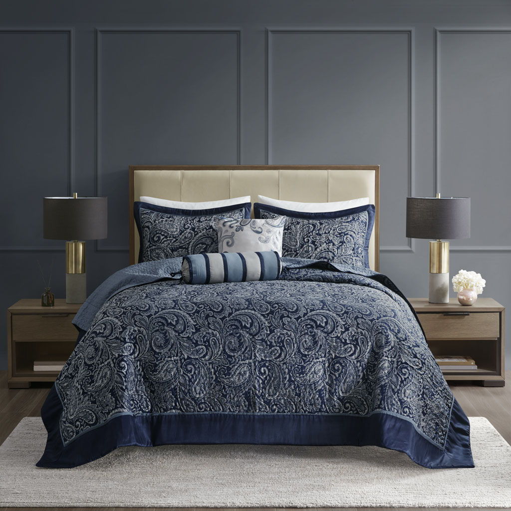 Aubrey - 5 Piece Jacquard Bedspread Set With Throw Pillows - Navy