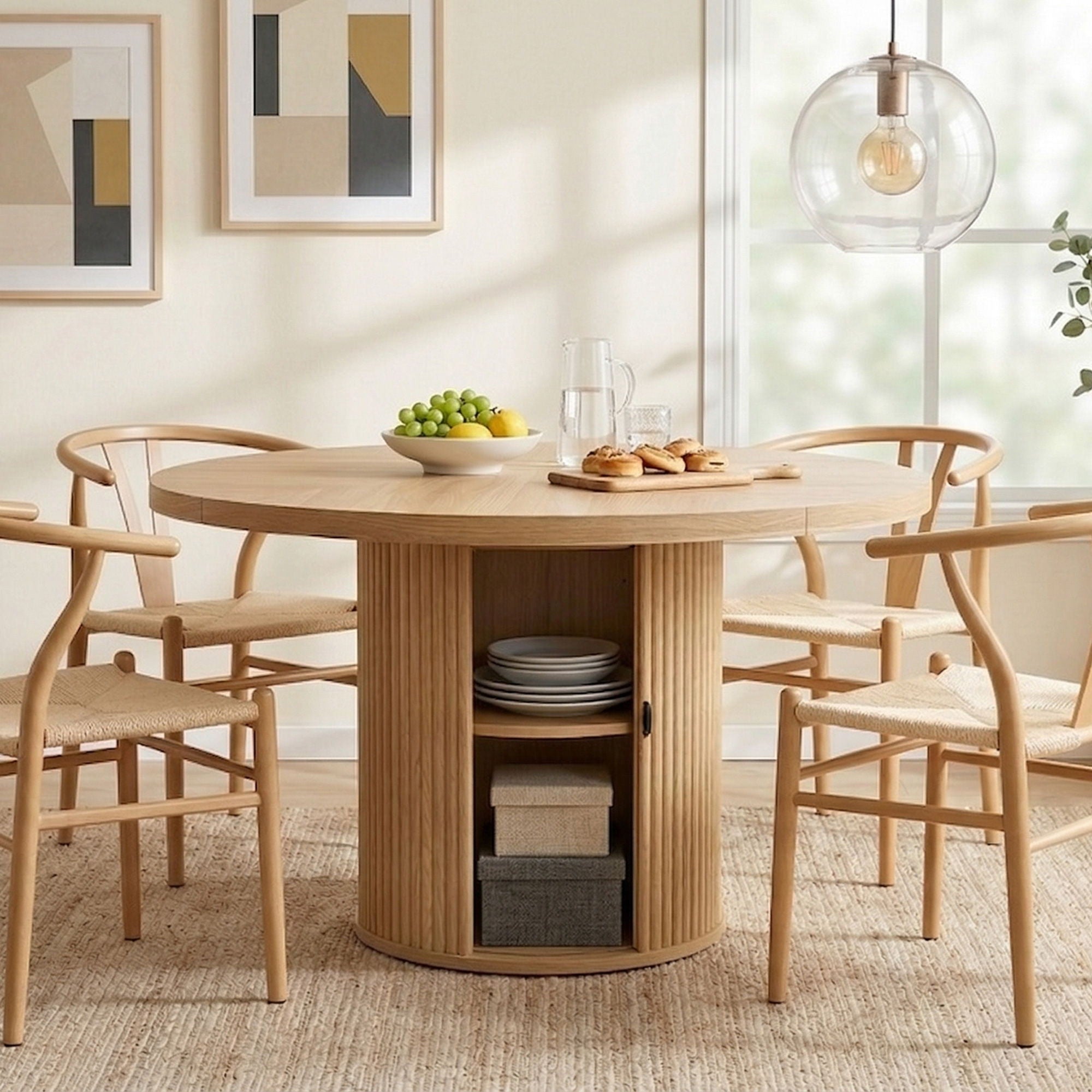 Roman Column Round Dining Table With Double Layer Storage - Wood