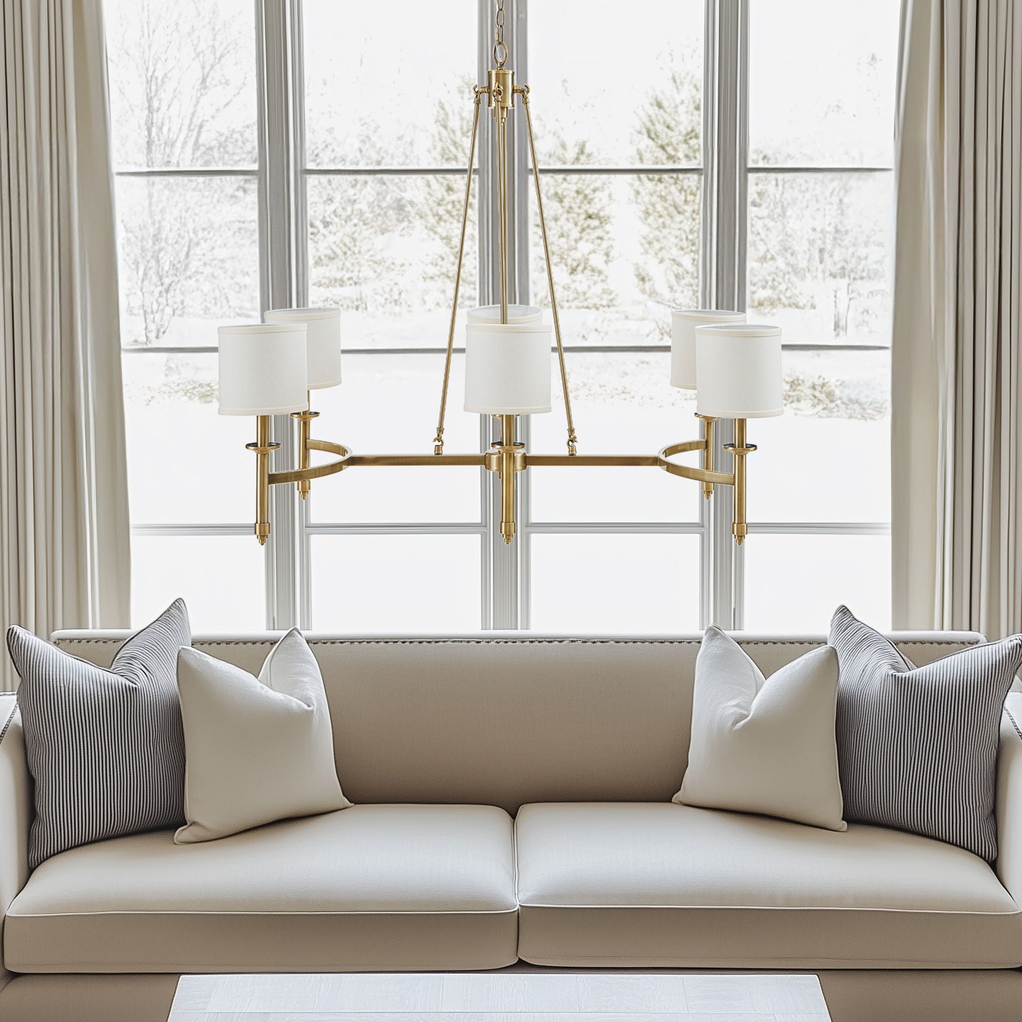 Elegenza - 6-Light Chandelier With Fabric Drum Shades - Antique Gold