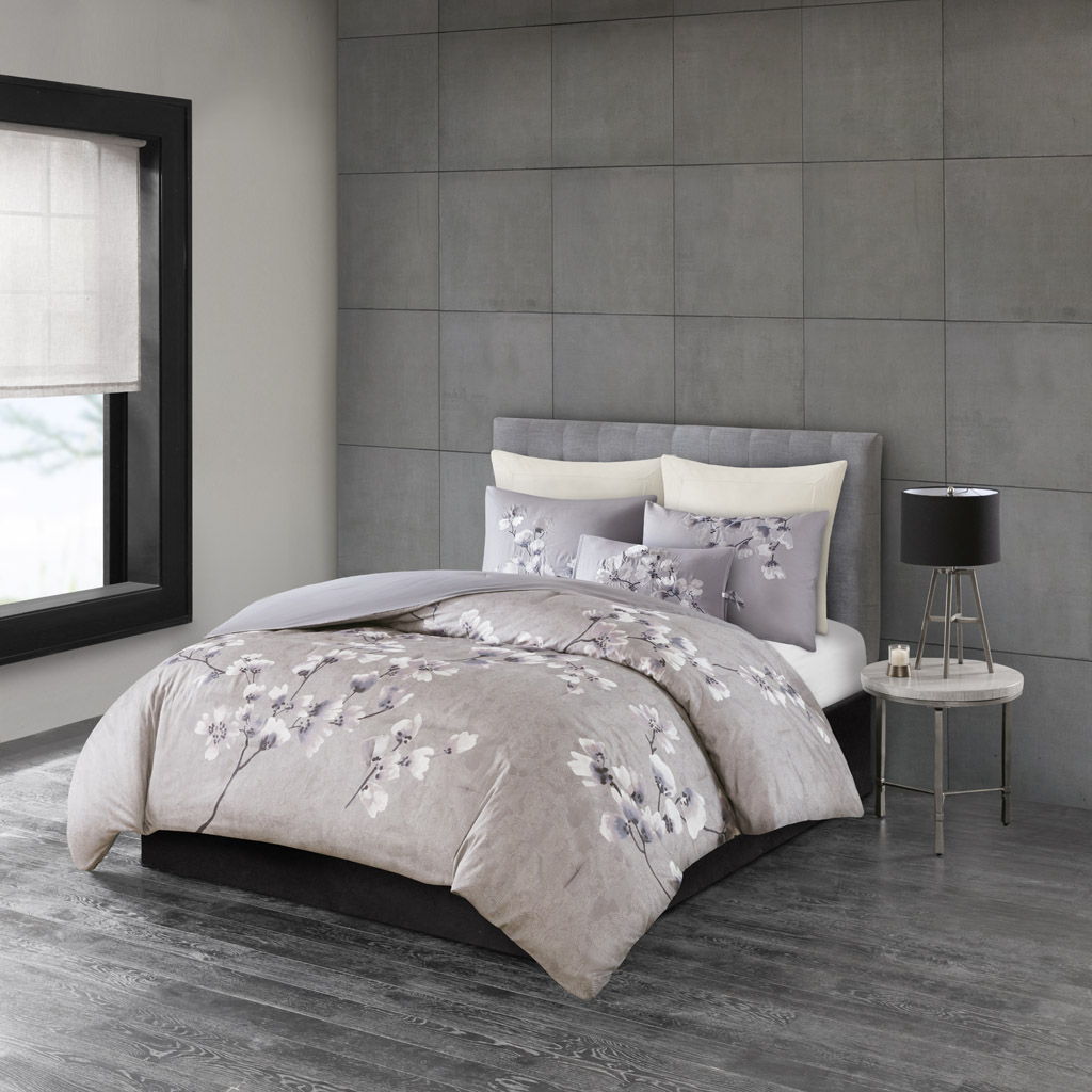 Sakura Blossom - King 3 Piece Sateen Printed Comforter Set - Lilac