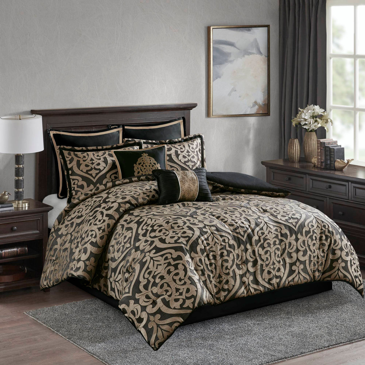 Odette - 8 Piece Queen Comforter Set - Black