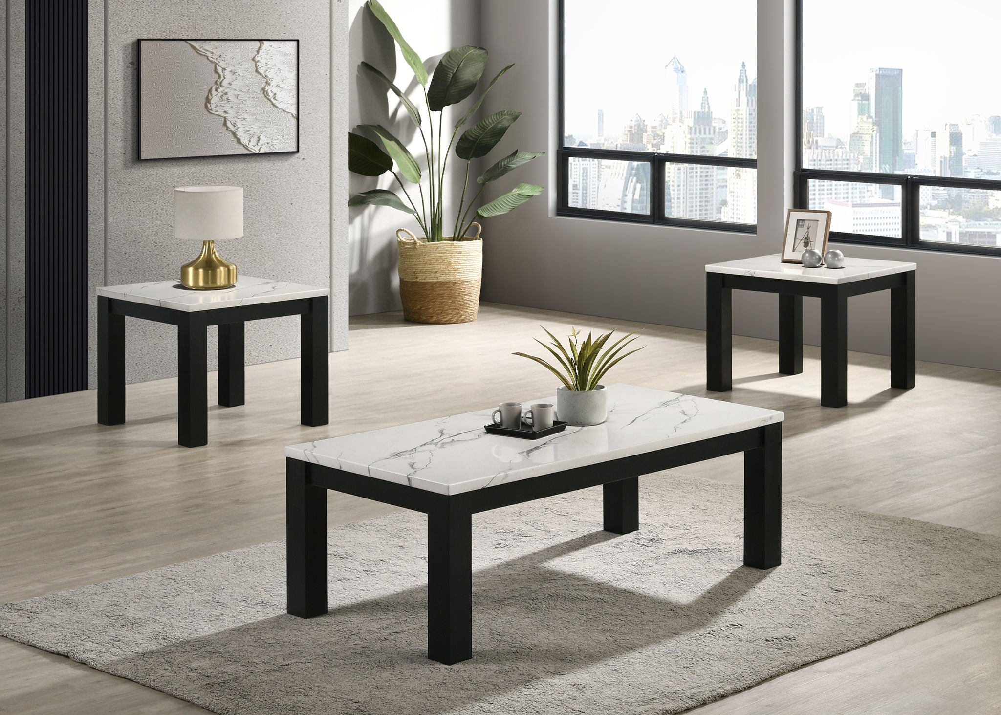 Ivy - 3 Piece Faux Marble White Cocktail Set - White / Black