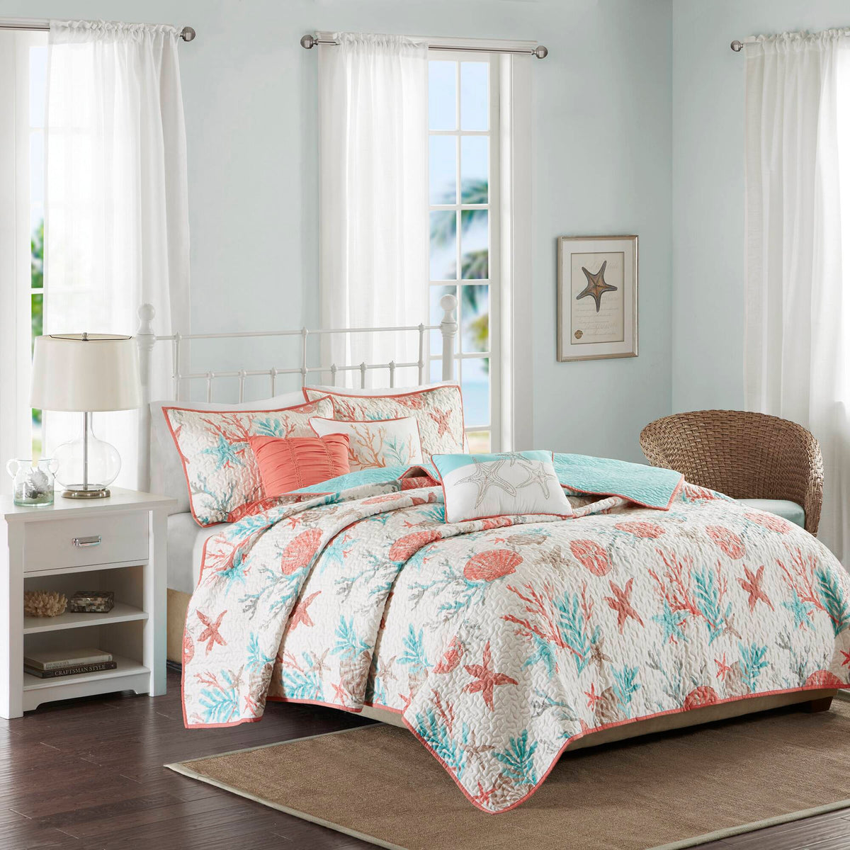 Pebble Beach - 6 Piece Reversible Coverlet Set - Coral