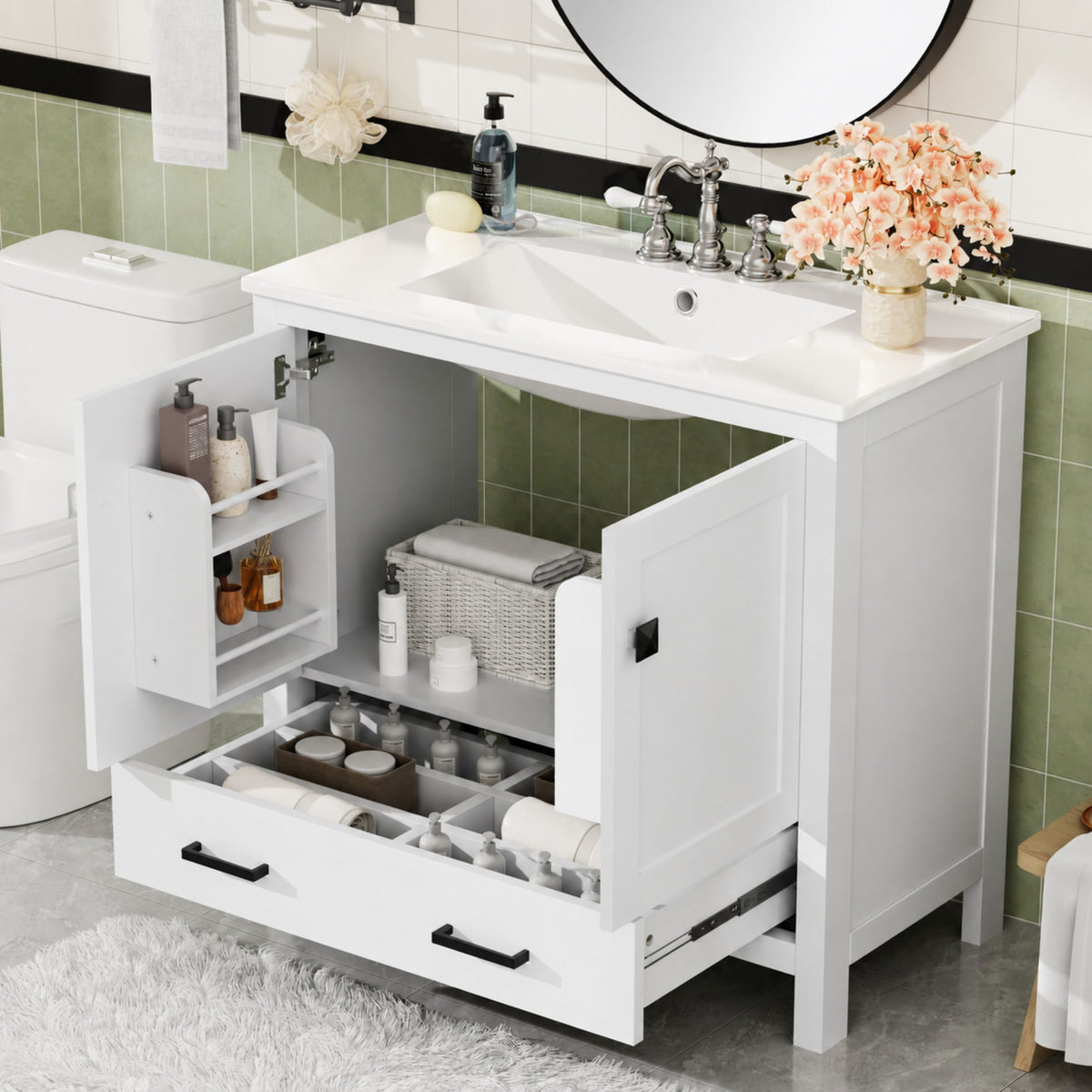 Bathroom Vanity With Sink, Soft Close Doors, Double Shelves & Divided Drawer