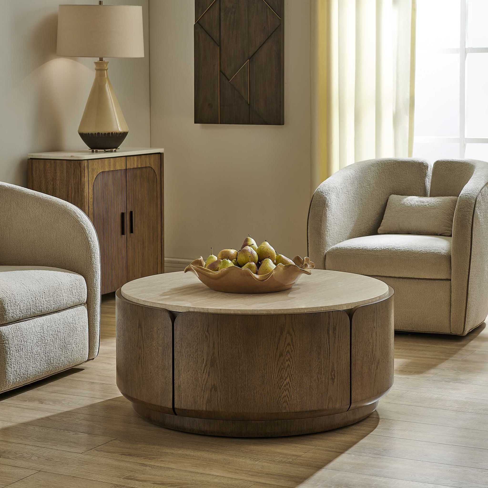Tindall - Round Travertine Coffee Table - Brown / White / Woodtone