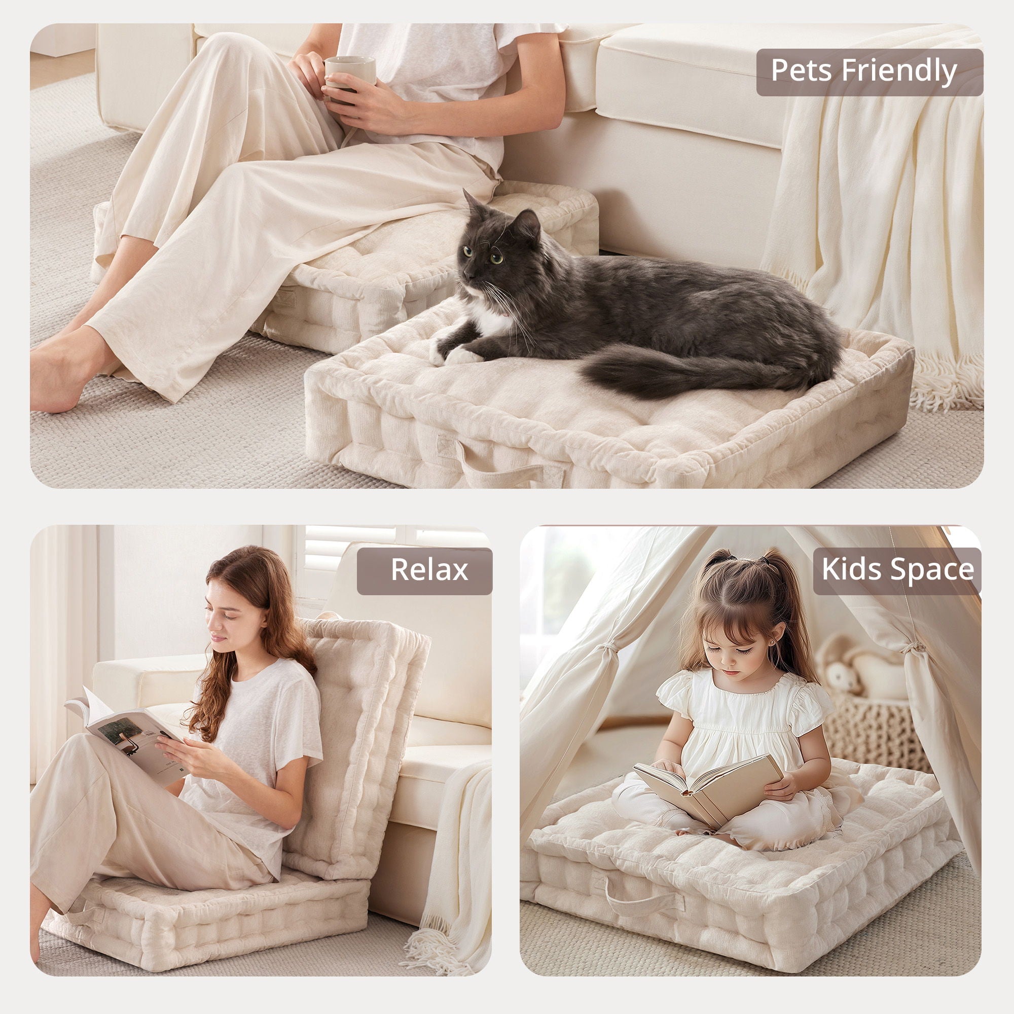 Azza - Poly Square Floor Pillow Cushion - Ivory