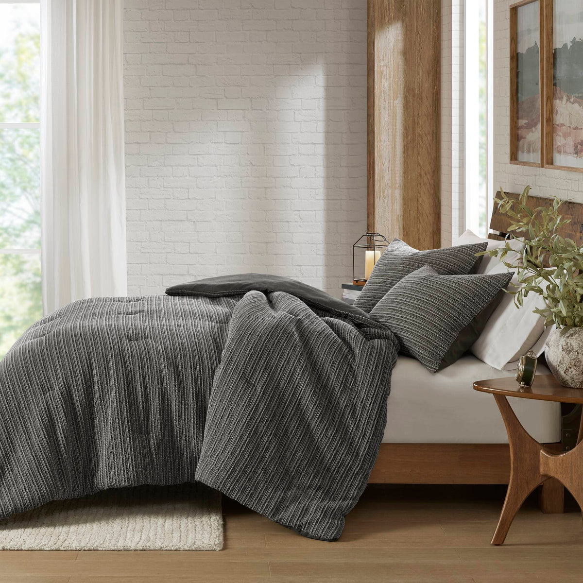 Lyon - 3 Piece Full/Queen Waffle Washed Comforter Set - Charcoal