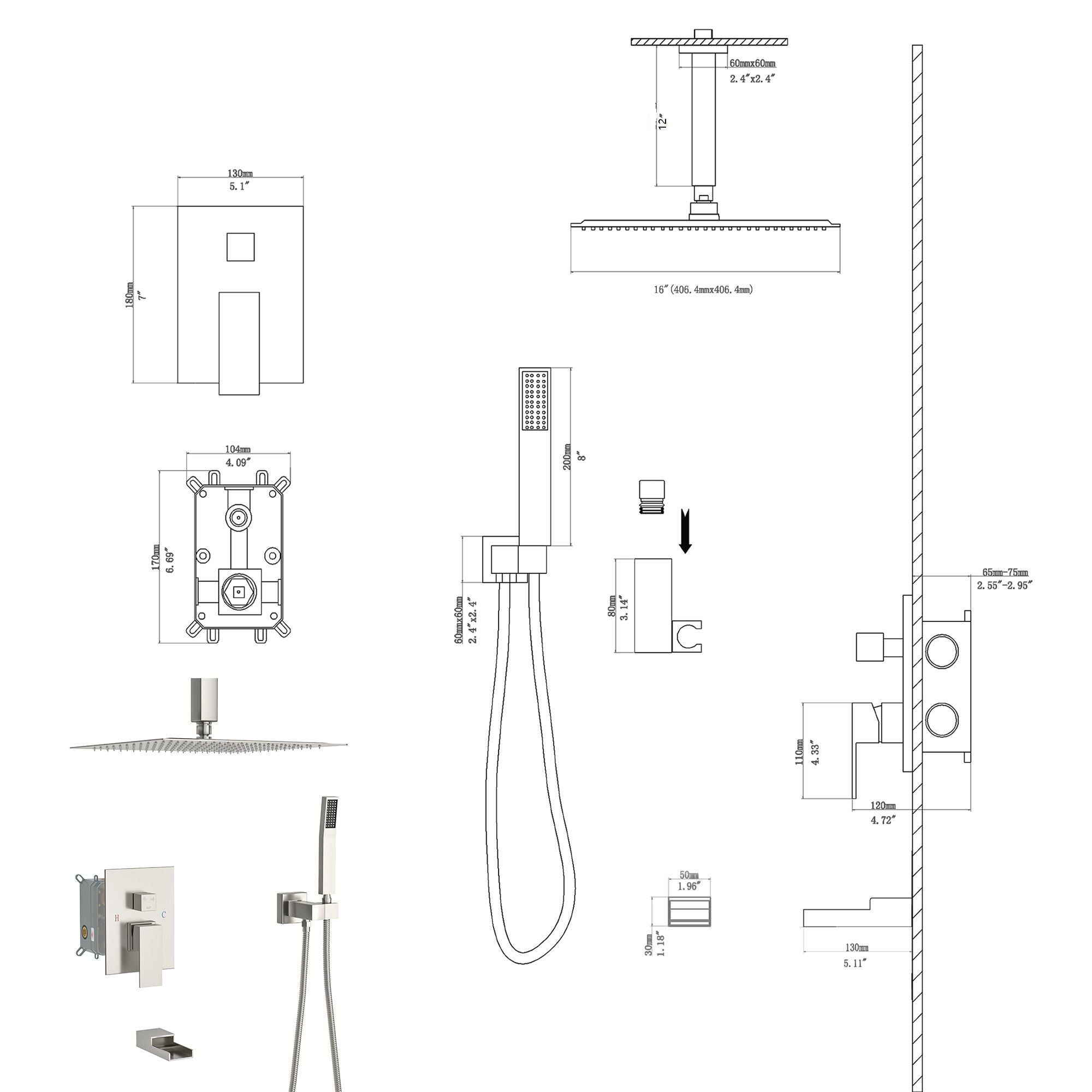 16" Ceiling Mount Square Shower System With Waterfall Tub Spout And Rough In Valve