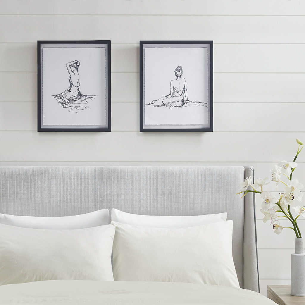 Feminine Figures - Deckle Edge Sketch Framed Wall Art (Set of 2) - Black / White