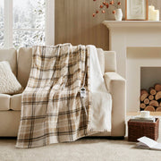 Print Plush To Sherpa - 50X60" Heated Throw - Tan Plaid