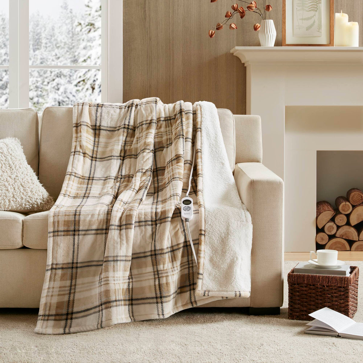 Print Plush To Sherpa - 50X60" Heated Throw - Tan Plaid