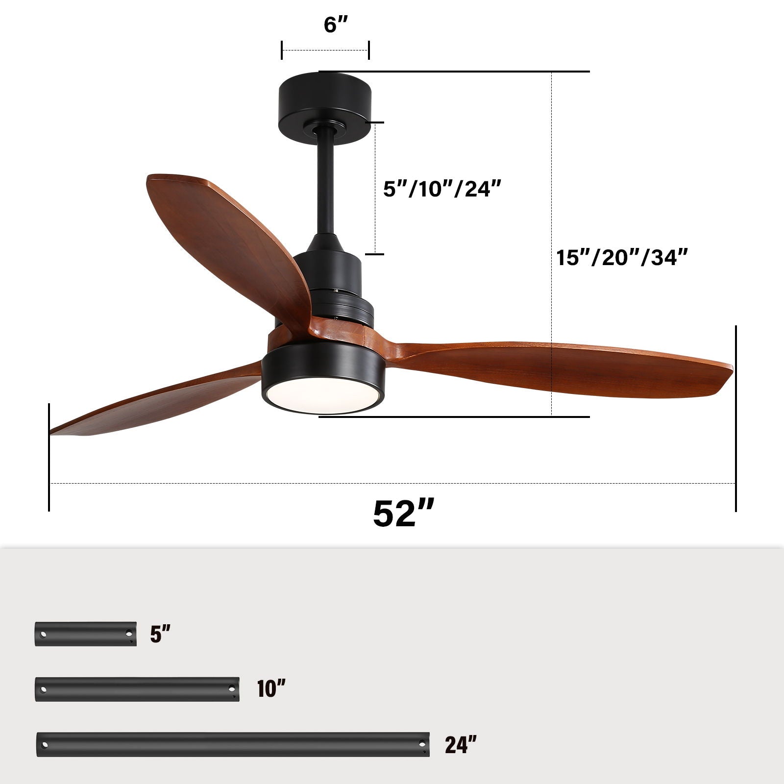 Ceiling Fan With Reversible DC Motor, LED Light, Solid Blades, Remote Control - Matte Black