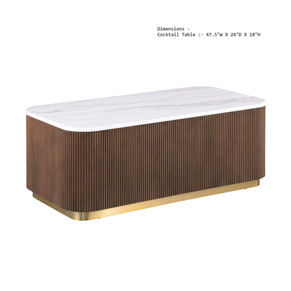 3 Piece Table Set (Rectangle Cocktail Table And Two Square End Tables) - Brown / Gold / White