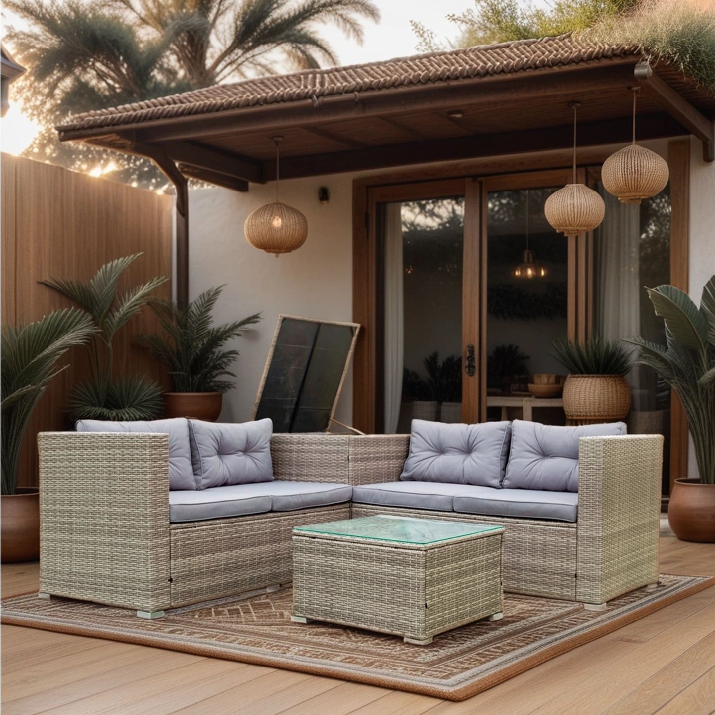 4 Piece Patio Sectional Wicker Rattan Outdoor Furniture Sofa Set With Storage Box