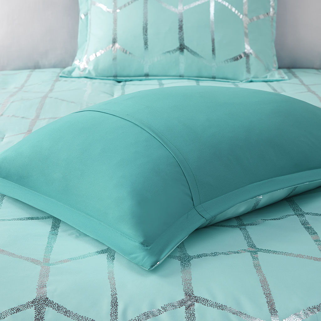 Raina - Twin Metallic Printed Comforter Set - Aqua / Silver