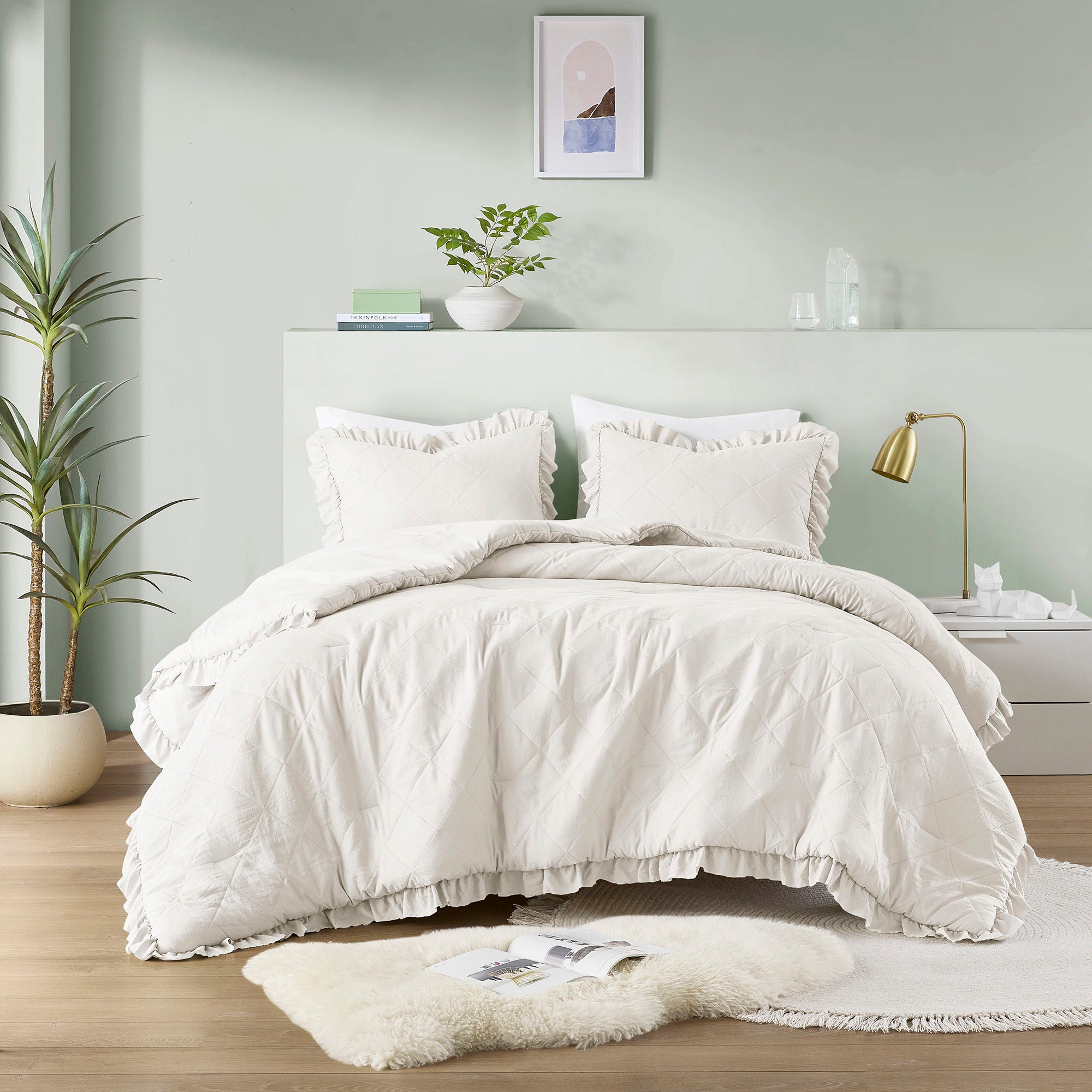 Phoebe - Twin/Twin Long Diamond Quilted Ruffle Edge Comforter Set - Ivory
