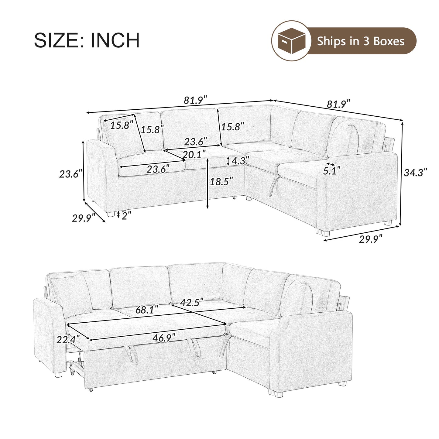 Modern L Shaped Sectional Sofa Bed With Hidden Storage Upholstery