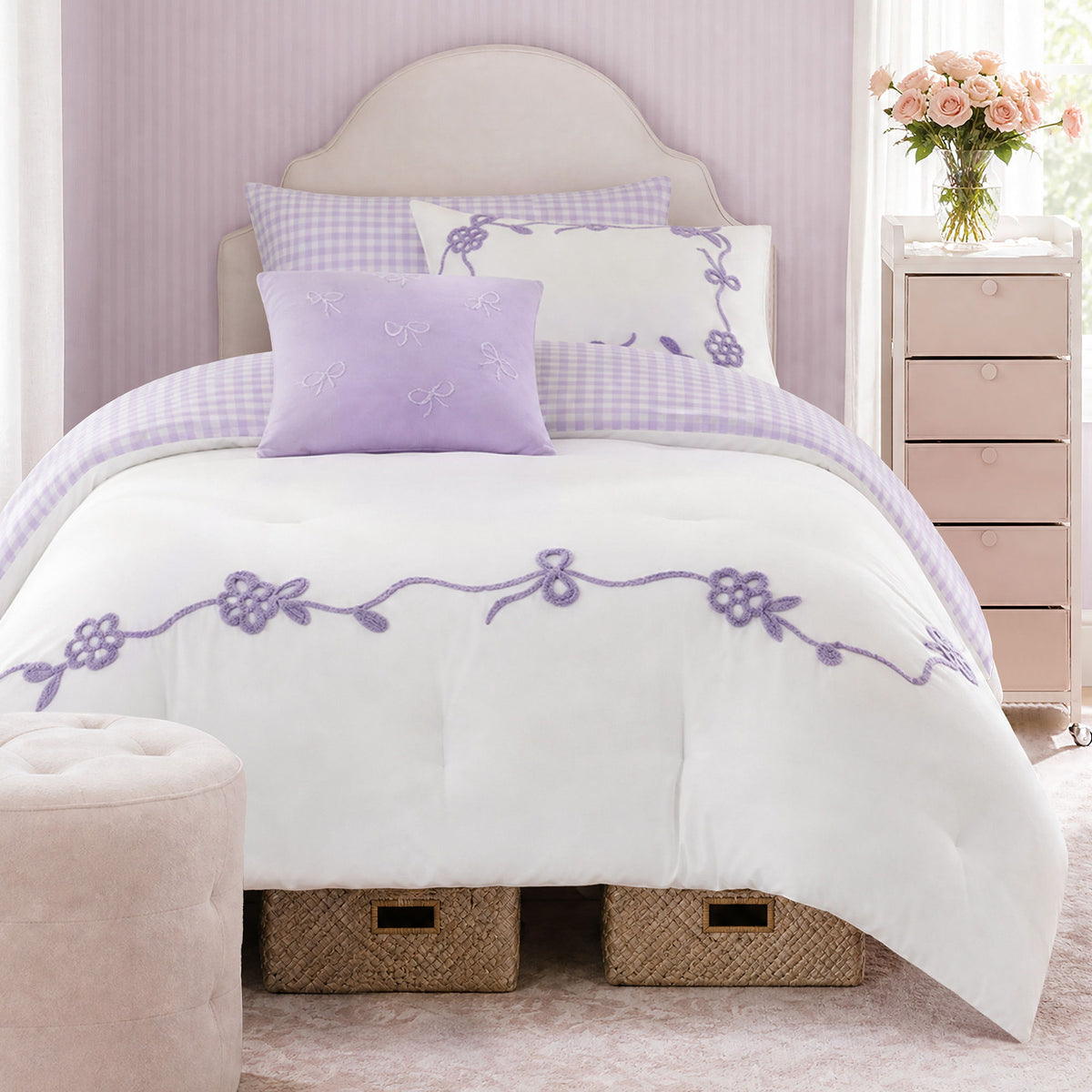 Tiffany - 4 Piece Twin/Twin Long Comforter Set - Purple / White