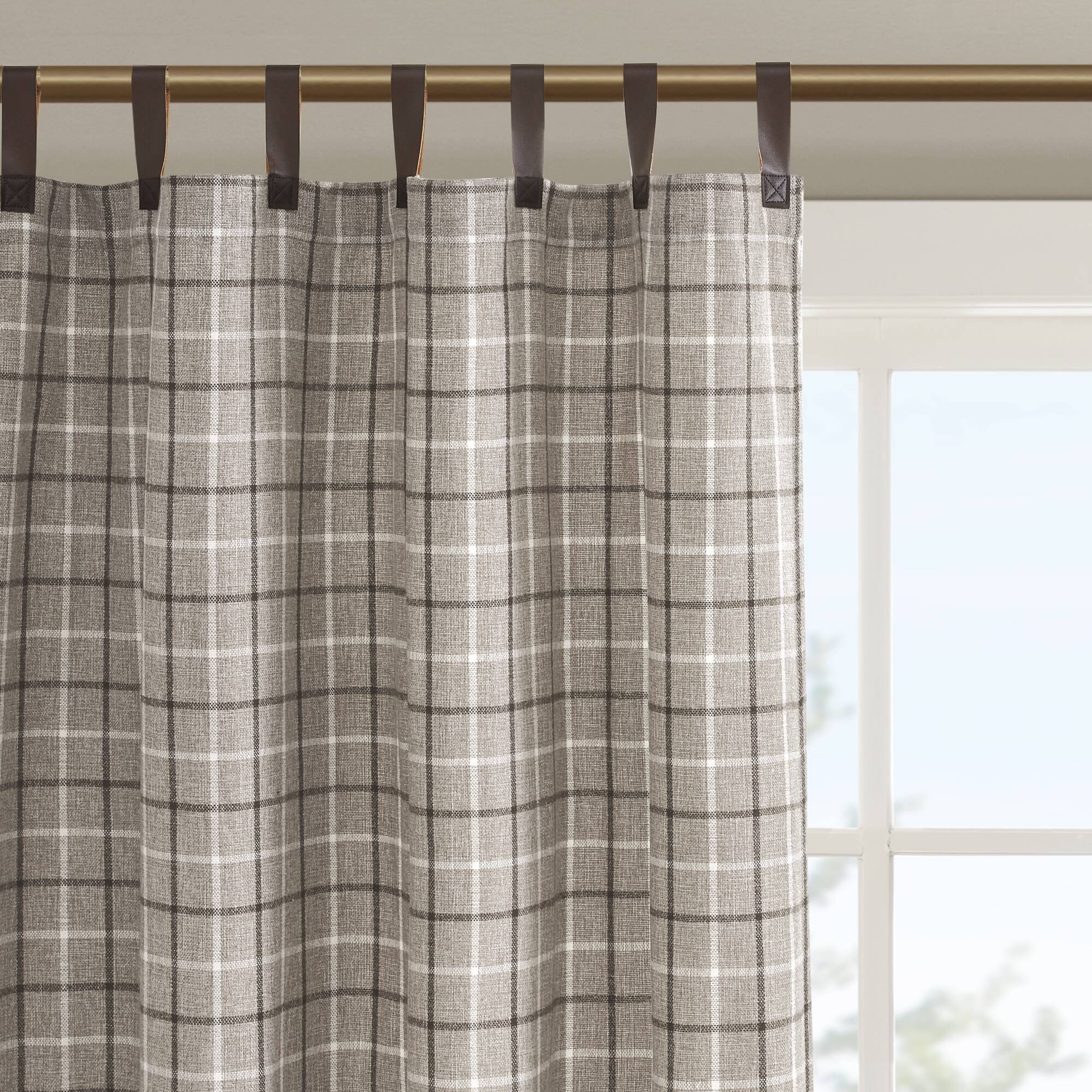 Anaheim - 50" x 108" Plaid Faux Leather Tab Top Curtain Panel With Fleece Lining - Brown