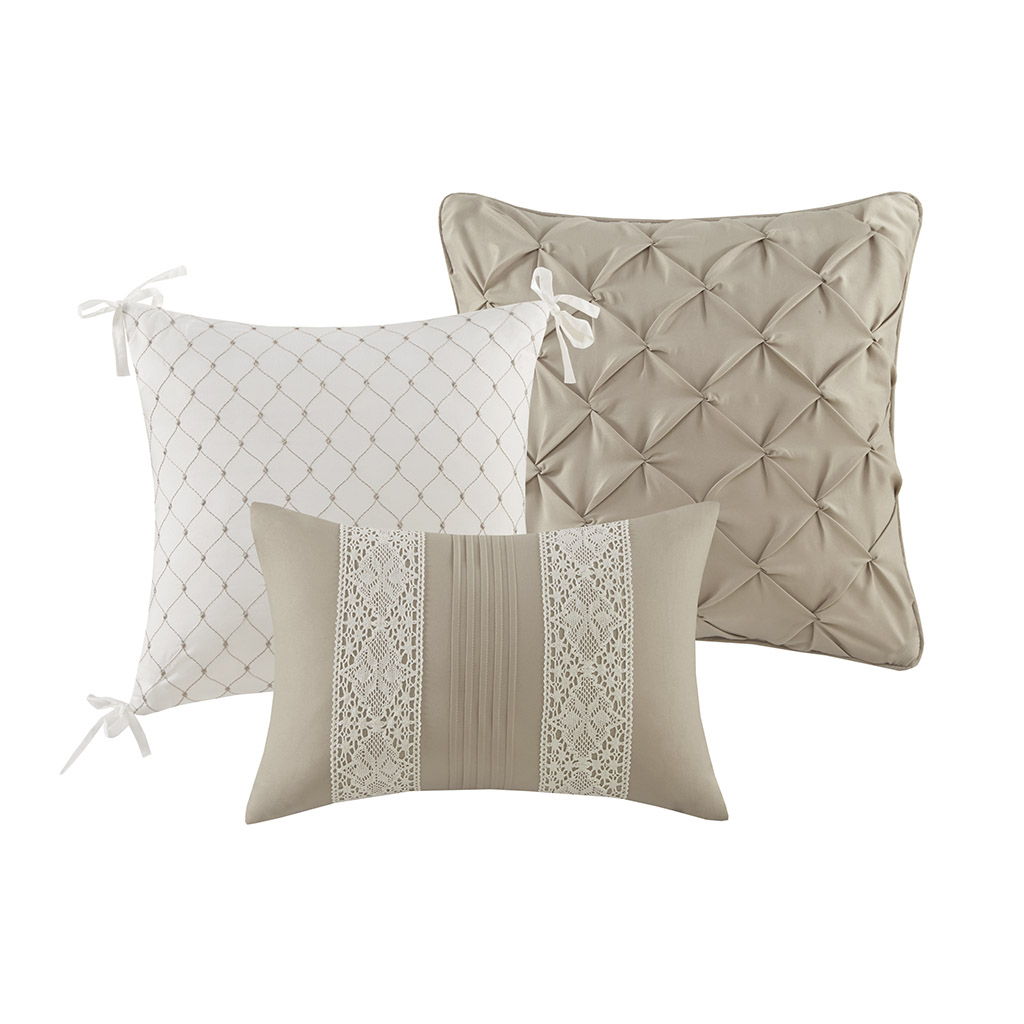 Lacey - 7 Piece Lace Trim Comforter Set With Throw Pillows - Taupe