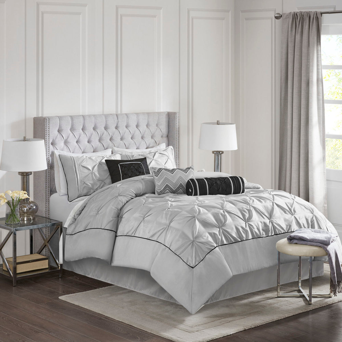 Laurel - Full Pieced Pleated 7 Piece Tufted Comforter Set - Gray