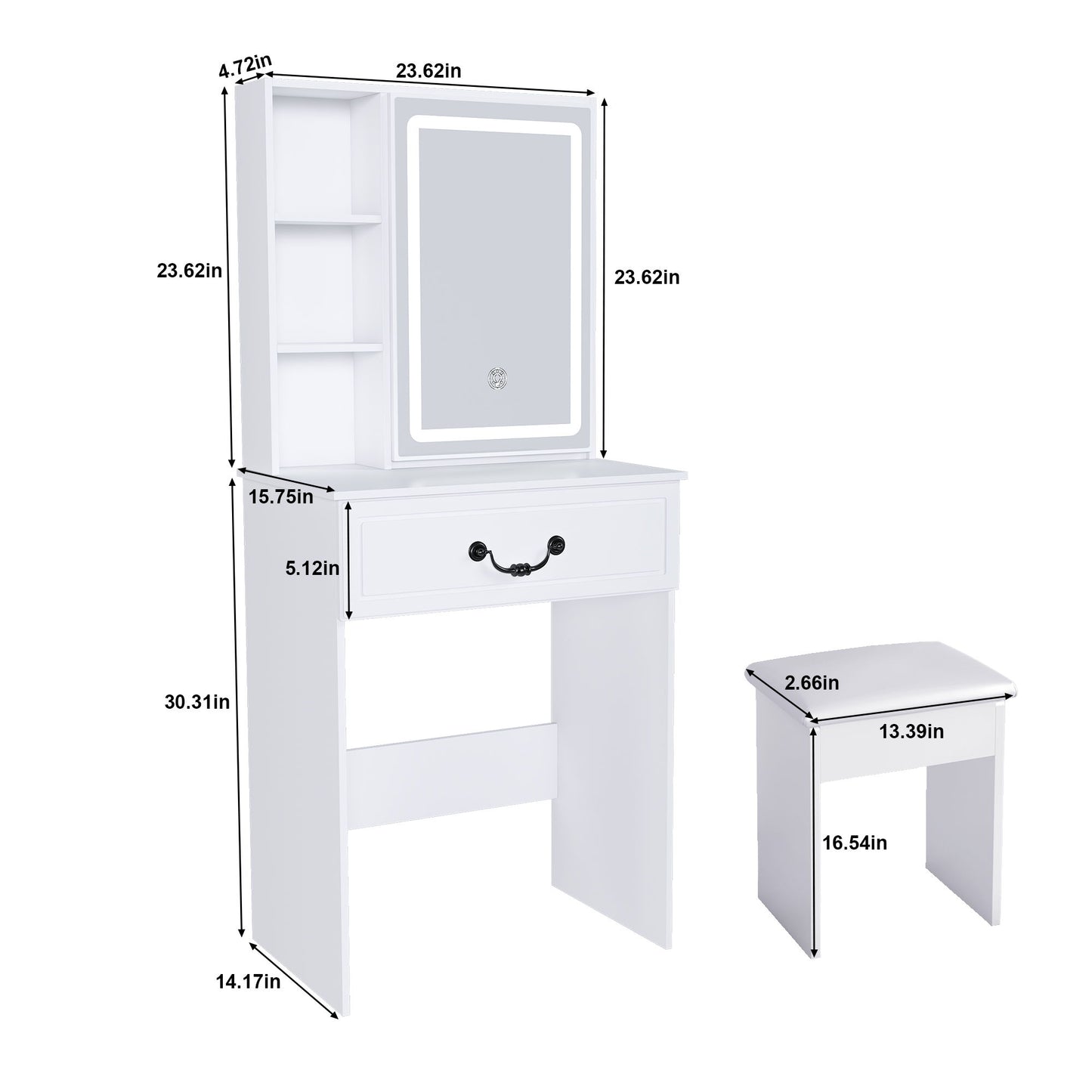 Modern Mini Dressing Table With Led-Lit Mirror & Hidden Storage, Adjustable Brightness Vanity Desk - White