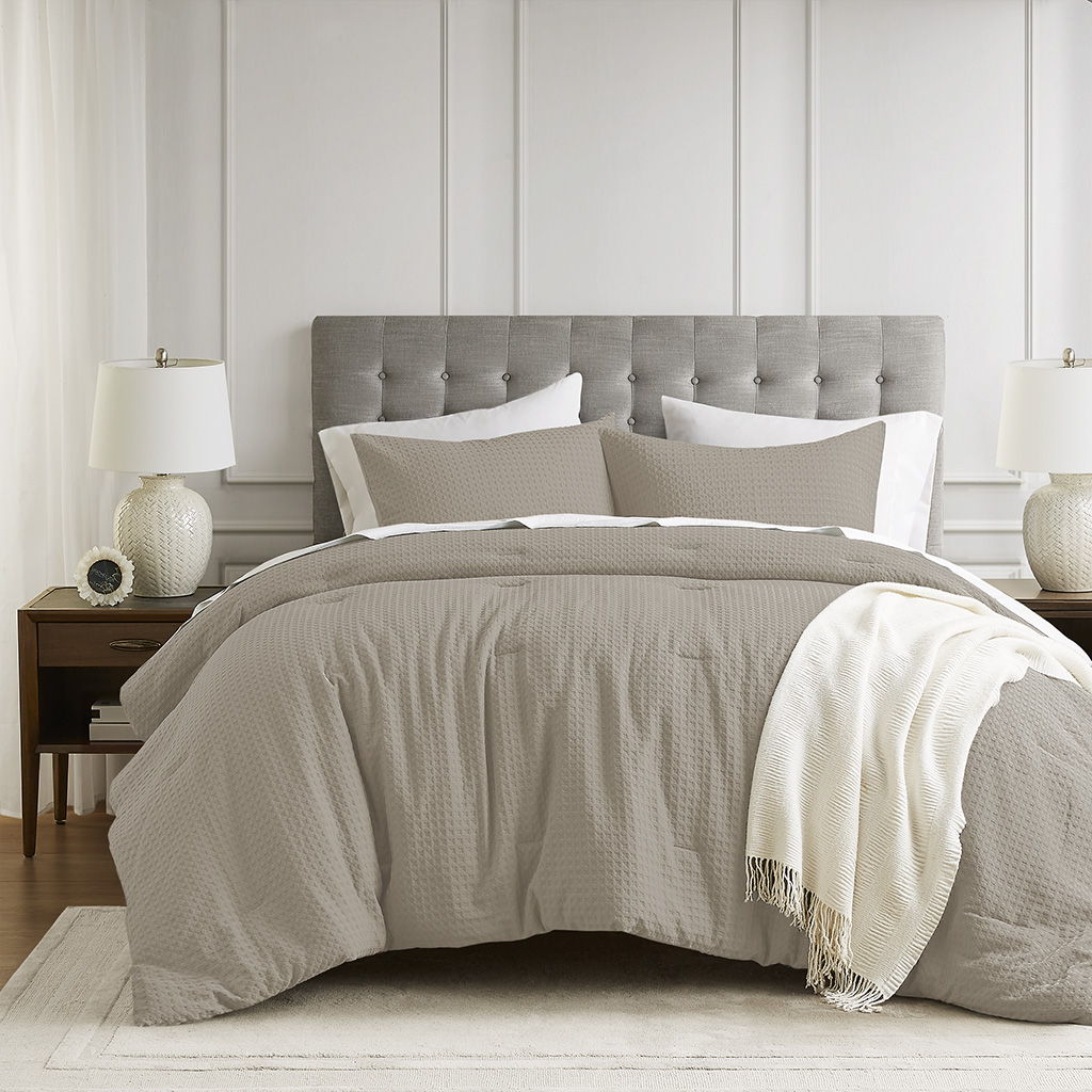 Mina - King/California King Waffle Weave Textured Comforter Set - Neutral