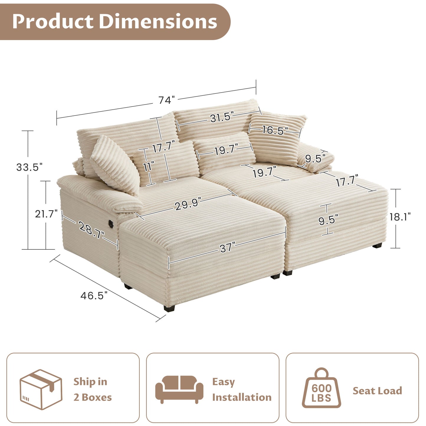 Double Chaise Lounge Set With Reversible Storage Ottomans, USB Port
