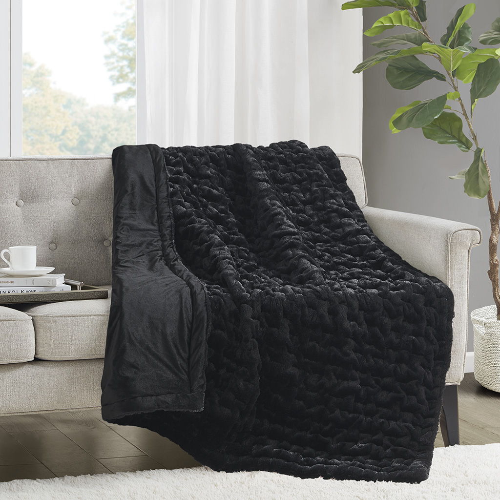 Ruched Fur - Ruched Throw - Black